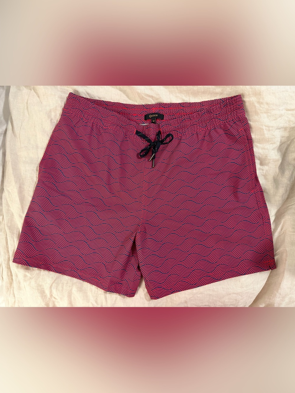 Quince Men's Italian Red & Navy Wave-Print Swim Trunks